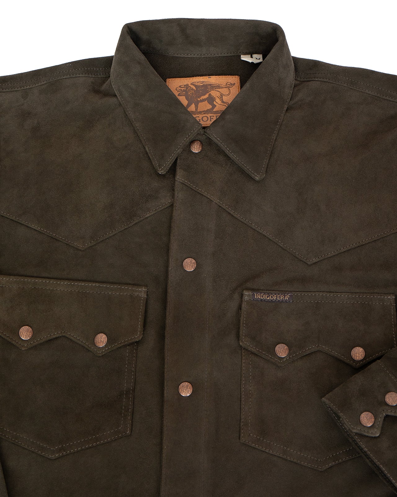 Indigofera Cooper Shirt, Goat Suede, Dark Olive - Image 3