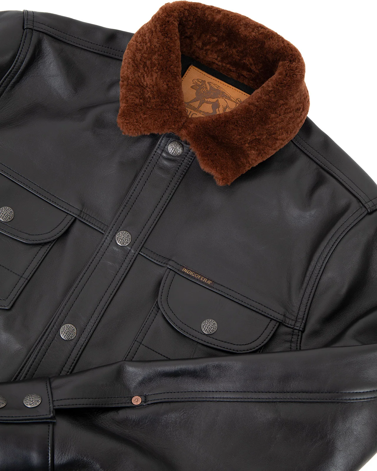 Indigofera Eagle Rising Jacket, Black Leather / Fur Collar - Image 3