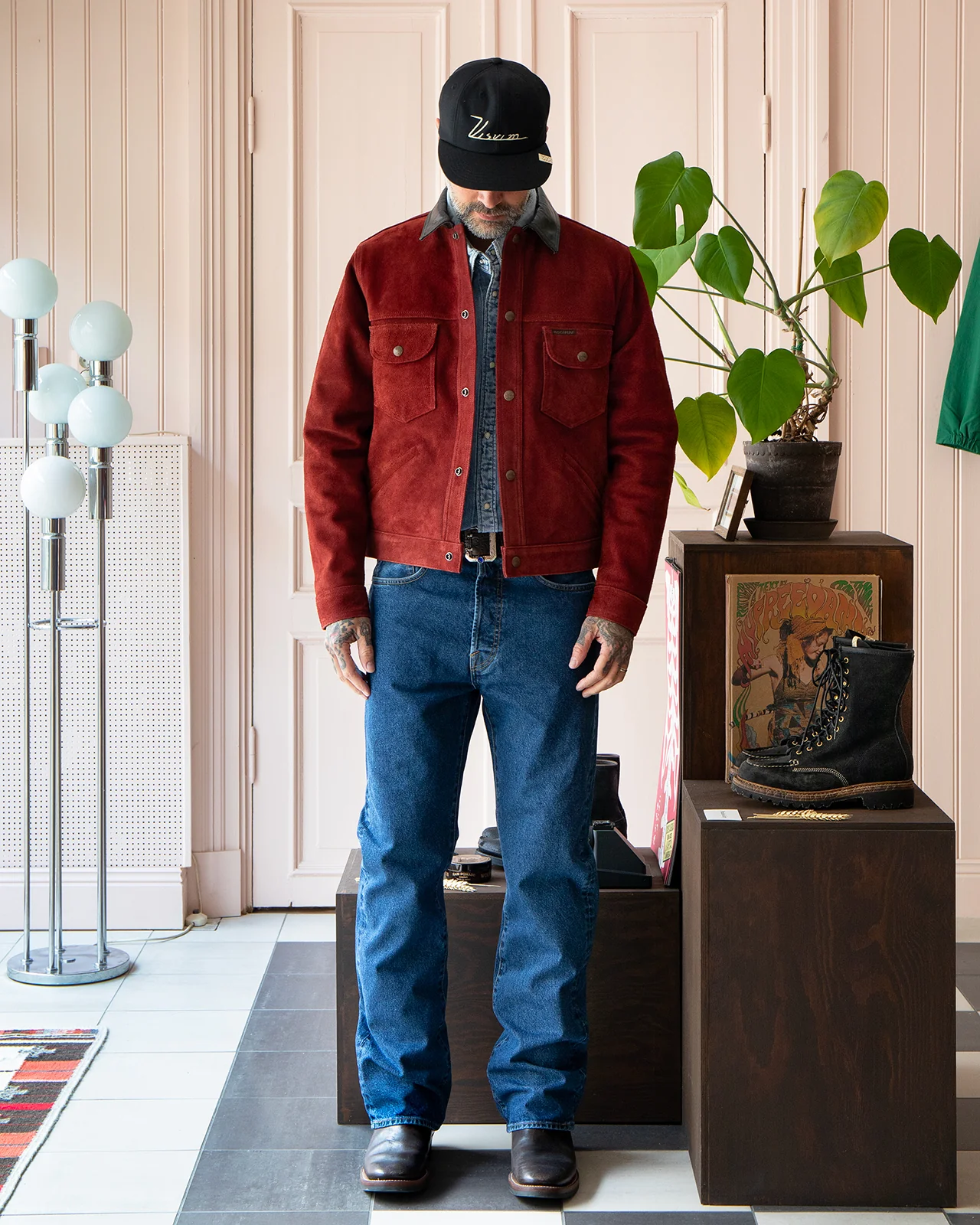 Indigofera Fargo Quarter Leather Jacket, Roughout Wine - Image 2