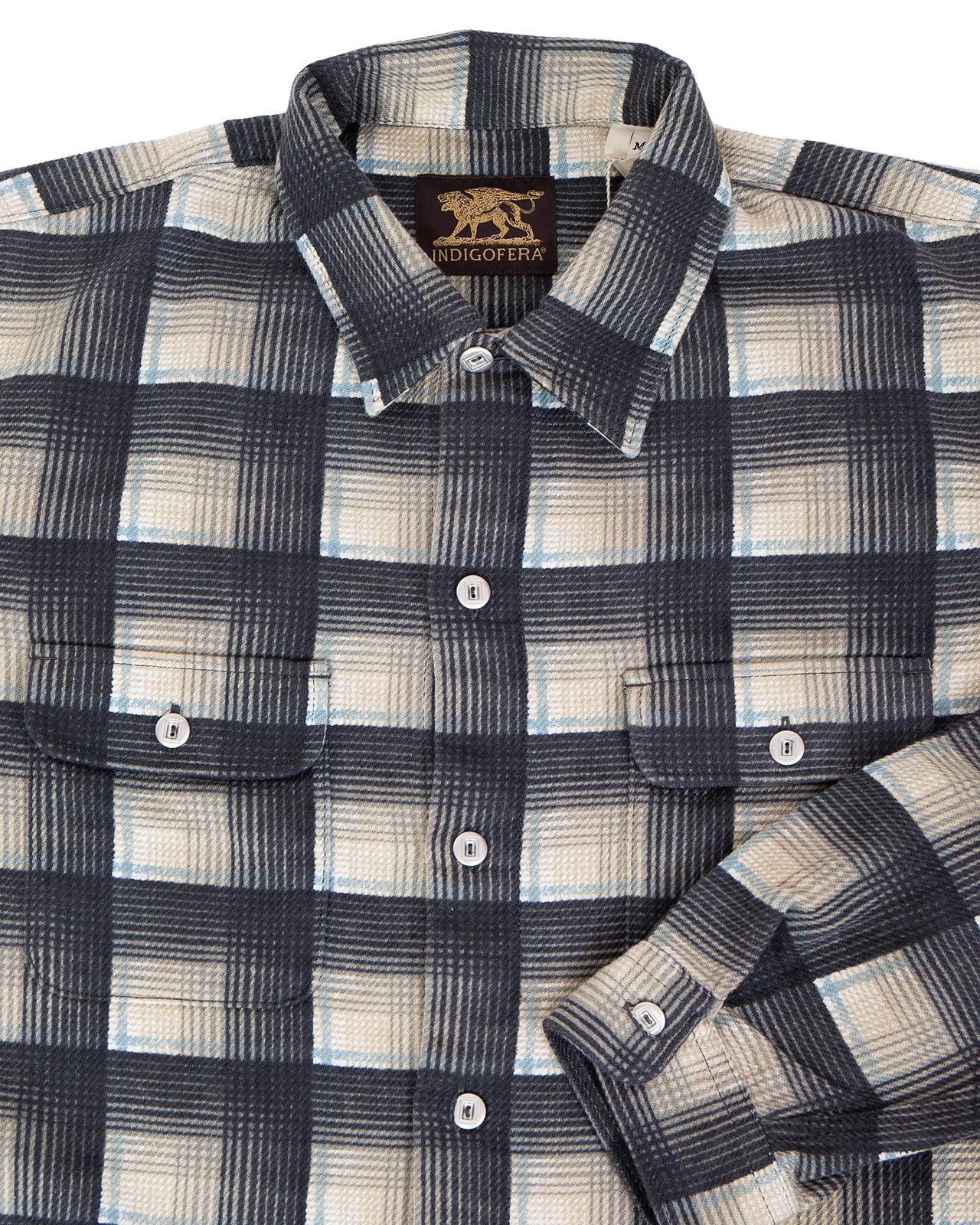 Indigofera Webster Shirt, Printed Check, Grey / White / Beige / Blue - Image 3