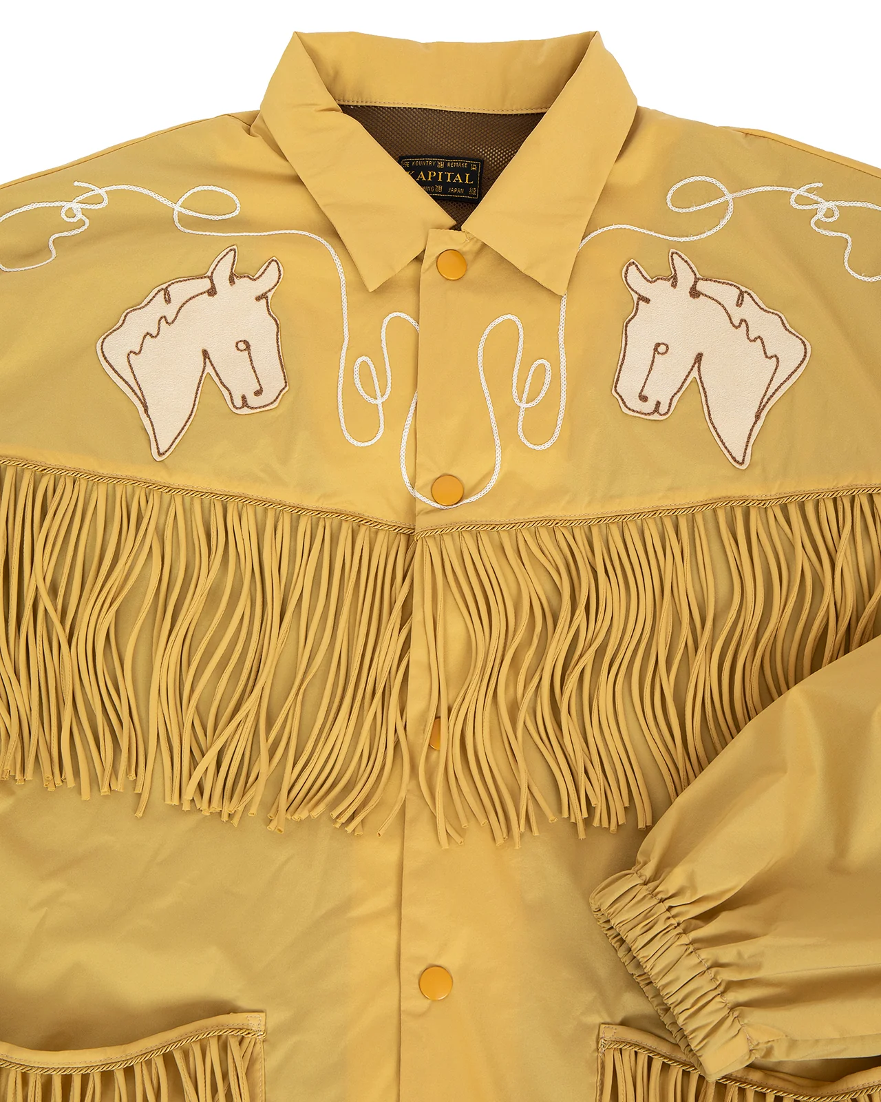 Kapital Stretch Nylon Fringed Coach Jacket, Mustard - Image 3